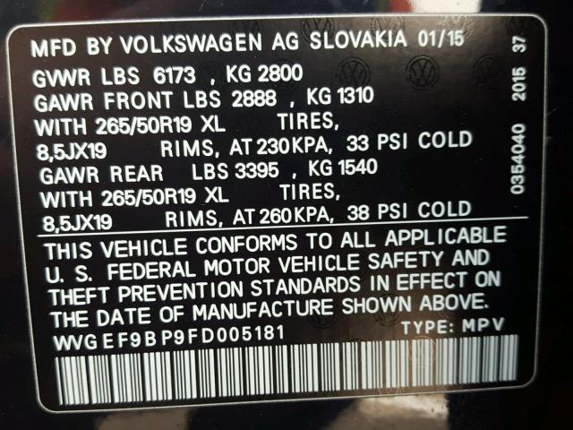 WVGEF9BP9FD005181 - 2015 VOLKSWAGEN TOUAREG V6 BLUE photo 10