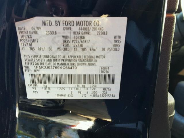 1FMCU03769KC66470 - 2009 FORD ESCAPE XLT BLACK photo 10