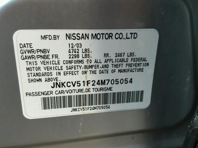 JNKCV51F24M705054 - 2004 INFINITI G35 SILVER photo 10