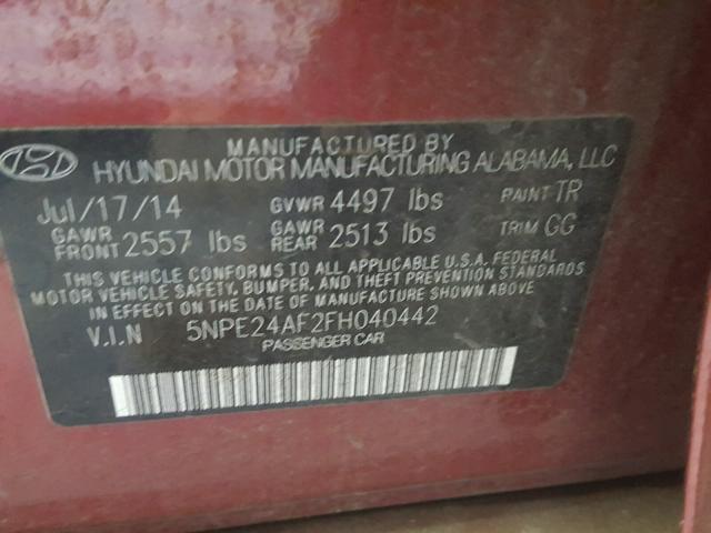 5NPE24AF2FH040442 - 2015 HYUNDAI SONATA SE BURGUNDY photo 10