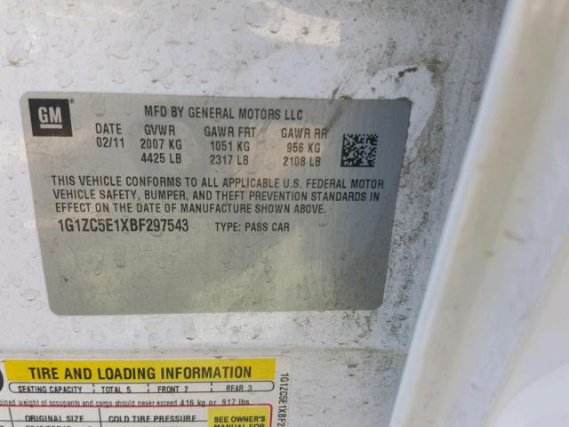 1G1ZC5E1XBF297543 - 2011 CHEVROLET MALIBU 1LT თეთრი ფოტო 10