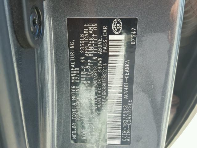 4T1BE46K89U795214 - 2009 TOYOTA CAMRY BASE GRAY photo 10