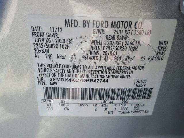 2FMDK4KC7DBB42744 - 2013 FORD EDGE LIMIT SILVER photo 10