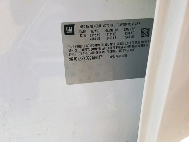 2G4GK5EX0G9149337 - 2016 BUICK REGAL WHITE photo 10
