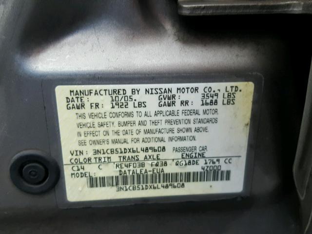 3N1CB51DX6L489608 - 2006 NISSAN SENTRA TAN photo 10