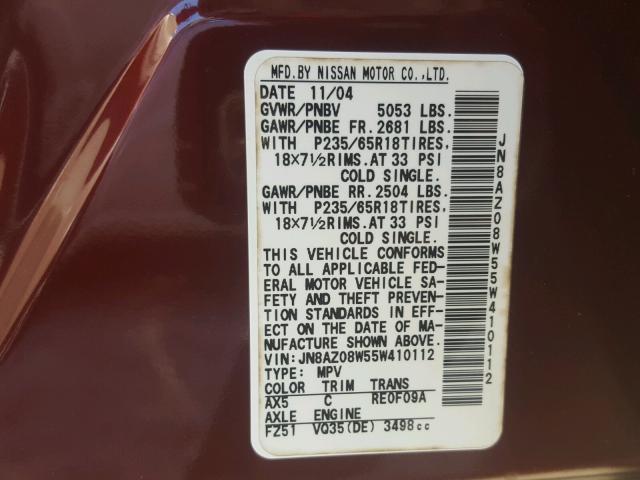 JN8AZ08W55W410112 - 2005 NISSAN MURANO SL BURGUNDY photo 10