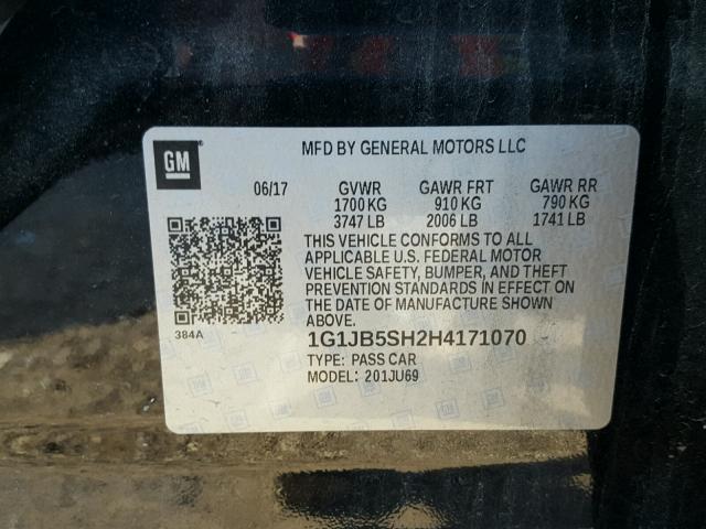 1G1JB5SH2H4171070 - 2017 CHEVROLET SONIC LS 黑色 照片 10