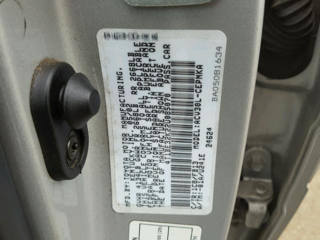 4T1BE32K22U085070 - 2002 TOYOTA CAMRY LE ვერცხლისფერი ფოტო 10