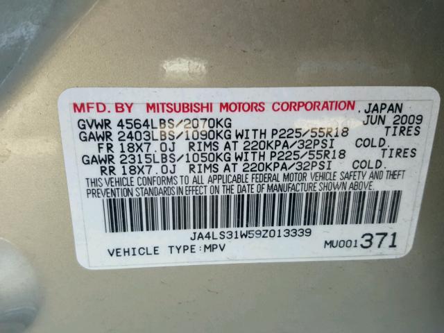 JA4LS31W59Z013339 - 2009 MITSUBISHI OUTLANDER GOLD photo 10