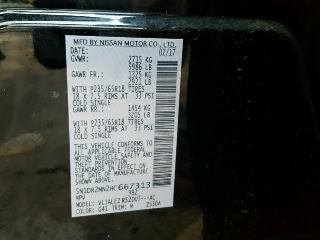 5N1DR2MN2HC667313 - 2017 NISSAN PATHFINDER BLACK photo 10