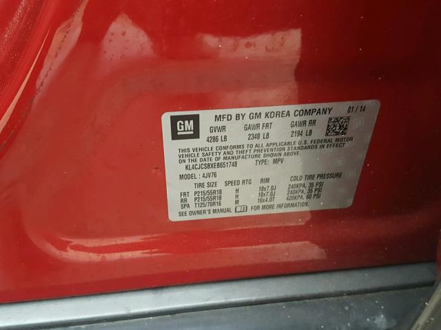 KL4CJCSBXEB651748 - 2014 BUICK ENCORE RED photo 10