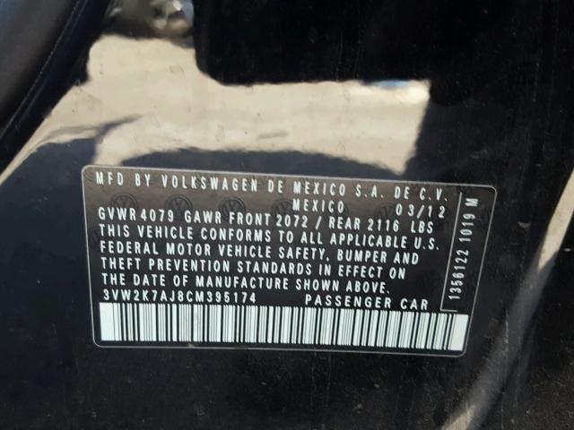 3VW2K7AJ8CM395174 - 2012 VOLKSWAGEN JETTA BASE 黑色 照片 10