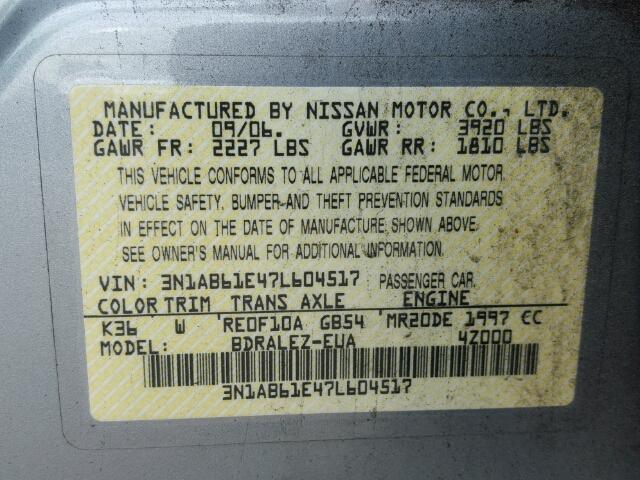 3N1AB61E47L604517 - 2007 NISSAN SENTRA 2.0 GRAY photo 10