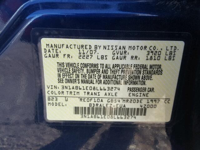 3N1AB61E08L663274 - 2008 NISSAN SENTRA 2.0 BLUE photo 10