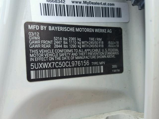 5UXWX7C50CL976156 - 2012 BMW X3 XDRIVE3 WHITE photo 10