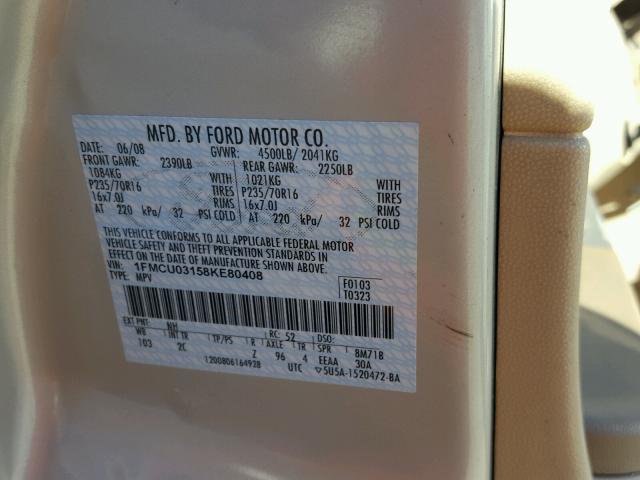 1FMCU03158KE80408 - 2008 FORD ESCAPE CREAM photo 10