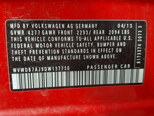 WVWDB7AJ9DW137730 - 2013 VOLKSWAGEN GOLF RED photo 10