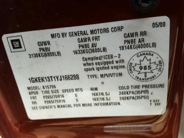 1GKEK13T1YJ166288 - 2000 GMC YUKON BURGUNDY photo 10