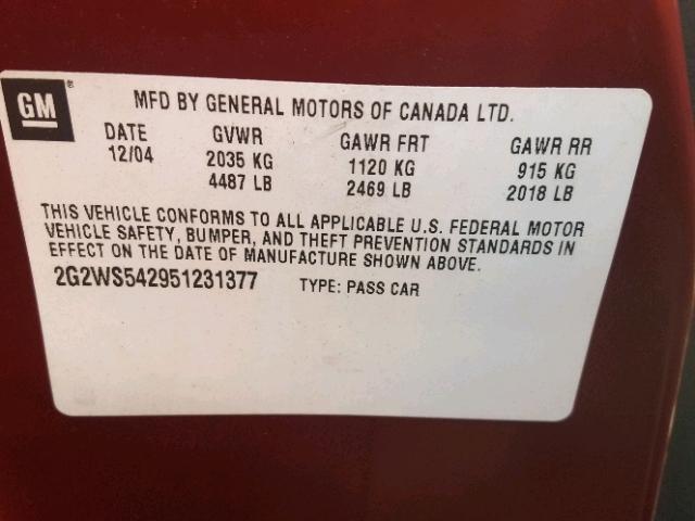 2G2WS542951231377 - 2005 PONTIAC GRAND PRIX RED photo 10
