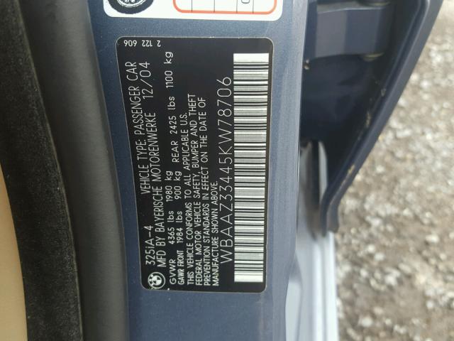 WBAAZ33445KW78706 - 2005 BMW 325 IS SUL BLUE photo 10