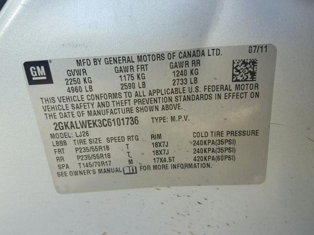 2GKALWEK3C6101736 - 2012 GMC TERRAIN SL SILVER photo 10