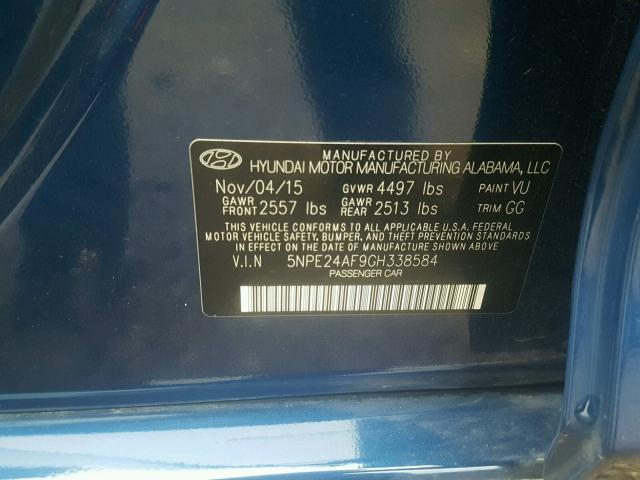 5NPE24AF9GH338584 - 2016 HYUNDAI SONATA SE BLUE photo 10