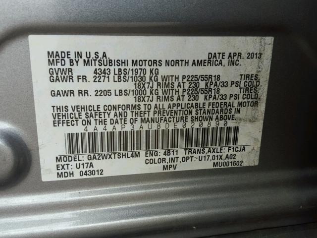 4A4AP3AU8DE020890 - 2013 MITSUBISHI OUTLANDER GRAY photo 10