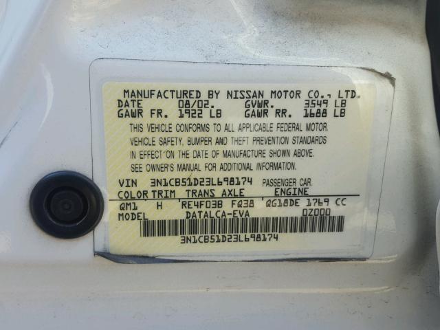 3N1CB51D23L698174 - 2003 NISSAN SENTRA XE WHITE photo 10