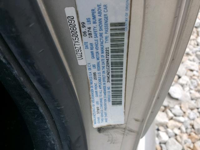 3VWCA21C2XM472221 - 1999 VOLKSWAGEN NEW BEETLE Gümüş foto 10