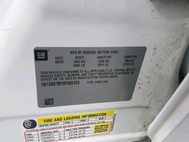 1G1ZG57B79F255724 - 2009 CHEVROLET MALIBU LS 白色 照片 10