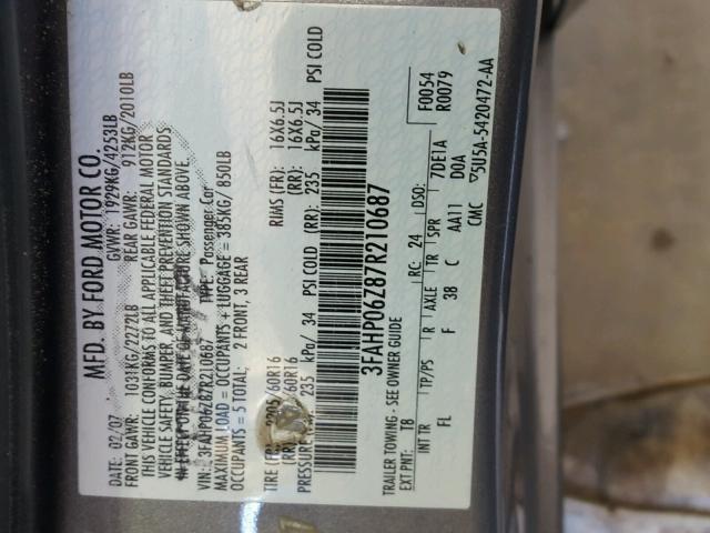 3FAHP06Z87R210687 - 2007 FORD FUSION GRAY photo 10