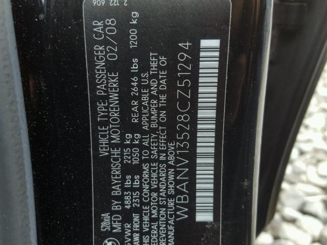 WBANV13528CZ51294 - 2008 BMW 528 XI BLACK photo 10