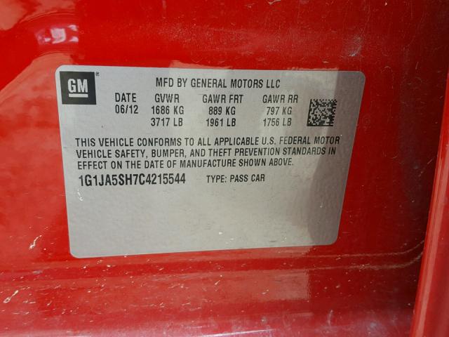 1G1JA5SH7C4215544 - 2012 CHEVROLET SONIC LS 红色 照片 10