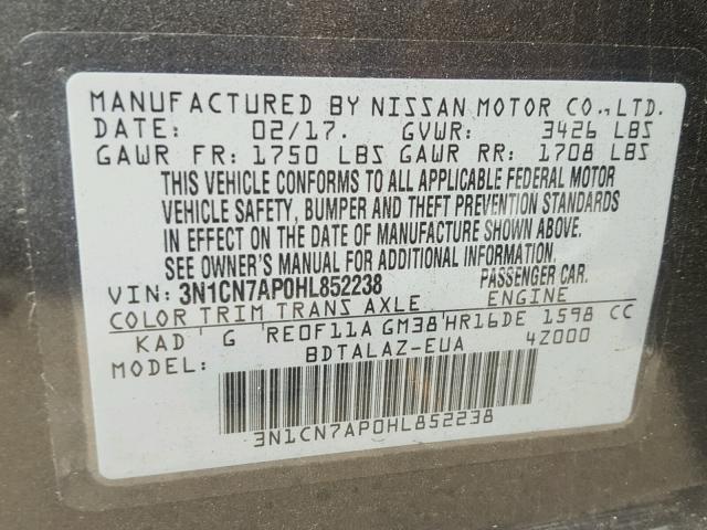 3N1CN7AP0HL852238 - 2017 NISSAN VERSA S CHARCOAL photo 10