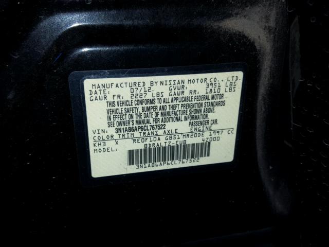 3N1AB6AP6CL767522 - 2012 NISSAN SENTRA BLACK photo 10