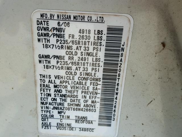 JN8AZ08T66W426603 - 2006 NISSAN MURANO WHITE photo 10