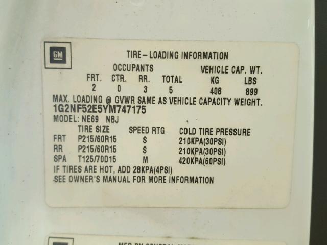 1G2NF52E5YM747175 - 2000 PONTIAC GRAND AM S WHITE photo 10