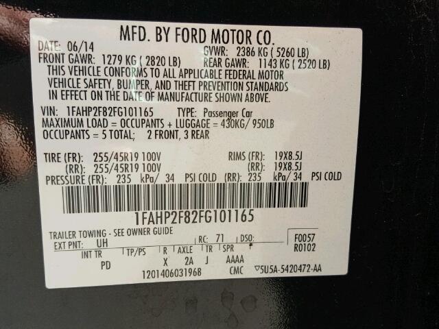 1FAHP2F82FG101165 - 2015 FORD TAURUS LIM BLACK photo 10