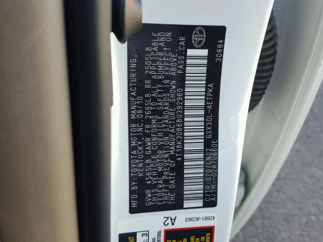 4T1BK3DB6BU392960 - 2011 TOYOTA AVALON BAS WHITE photo 10