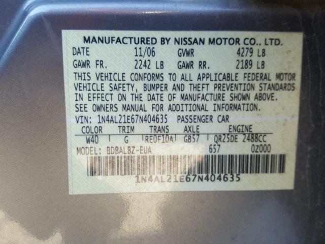 1N4AL21E67N404635 - 2007 NISSAN ALTIMA GRAY photo 10