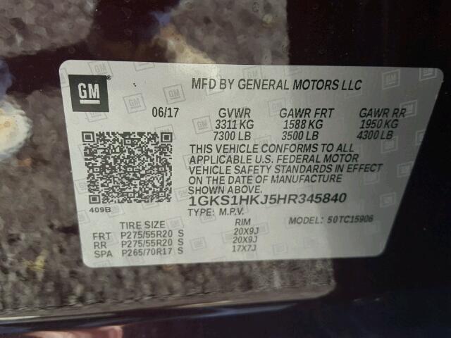 1GKS1HKJ5HR345840 - 2017 GMC YUKON XL D PURPLE photo 10