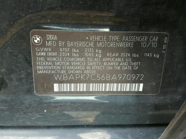 WBAPK7C56BA970972 - 2011 BMW 328 XI BLACK photo 10