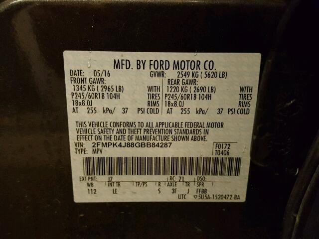 2FMPK4J88GBB84287 - 2016 FORD EDGE Темно-сірий фото 10