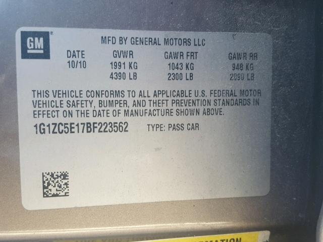 1G1ZC5E17BF223562 - 2011 CHEVROLET MALIBU 1LT ნაცრისფერი ფოტო 10
