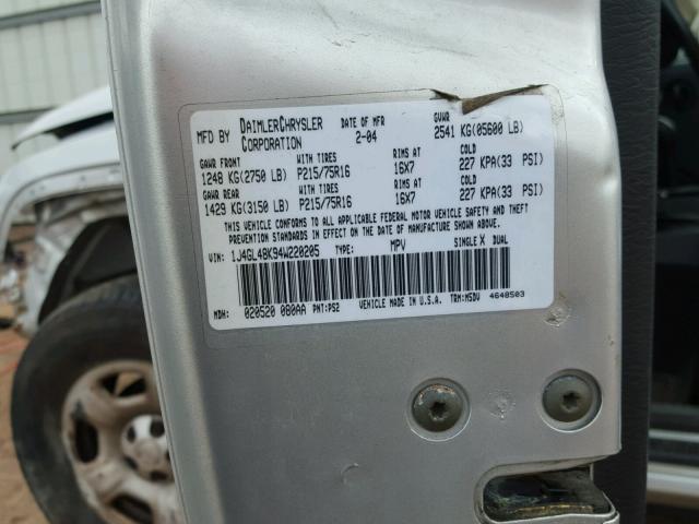 1J4GL48K94W220205 - 2004 JEEP LIBERTY SP SILVER photo 10