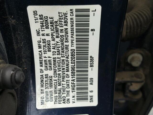 1HGFA16896L020850 - 2006 HONDA CIVIC EX BLUE photo 10