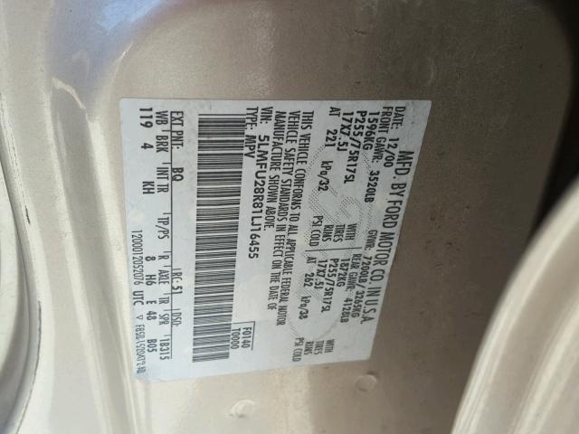 5LMFU28R81LJ16455 - 2001 LINCOLN NAVIGATOR Beżowy zdjęcie 10