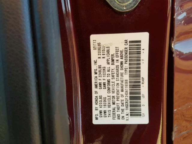 1HGCR2F34DA116089 - 2013 HONDA ACCORD LX MAROON photo 10