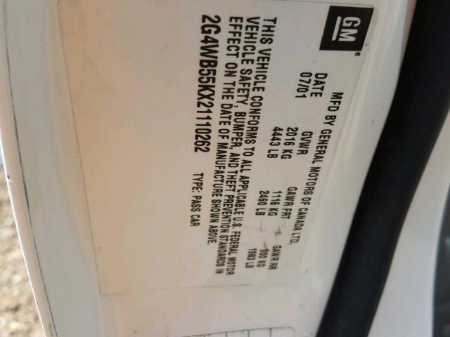 2G4WB55KX21110262 - 2002 BUICK REGAL LS WHITE photo 10