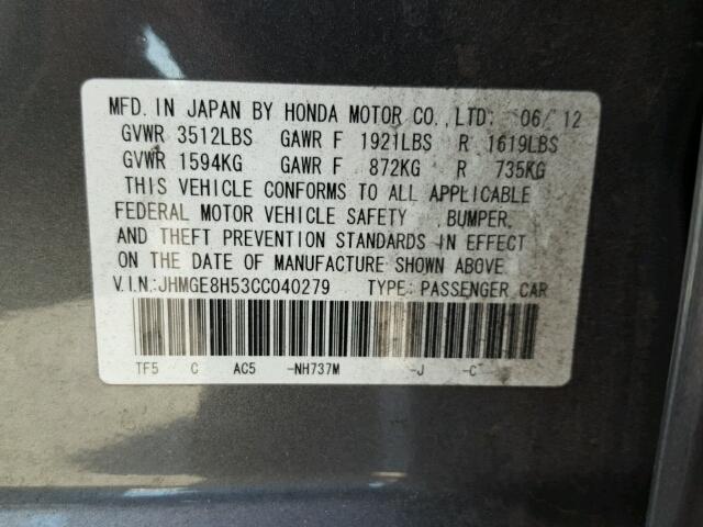 JHMGE8H53CC040279 - 2012 HONDA FIT SPORT GRAY photo 10